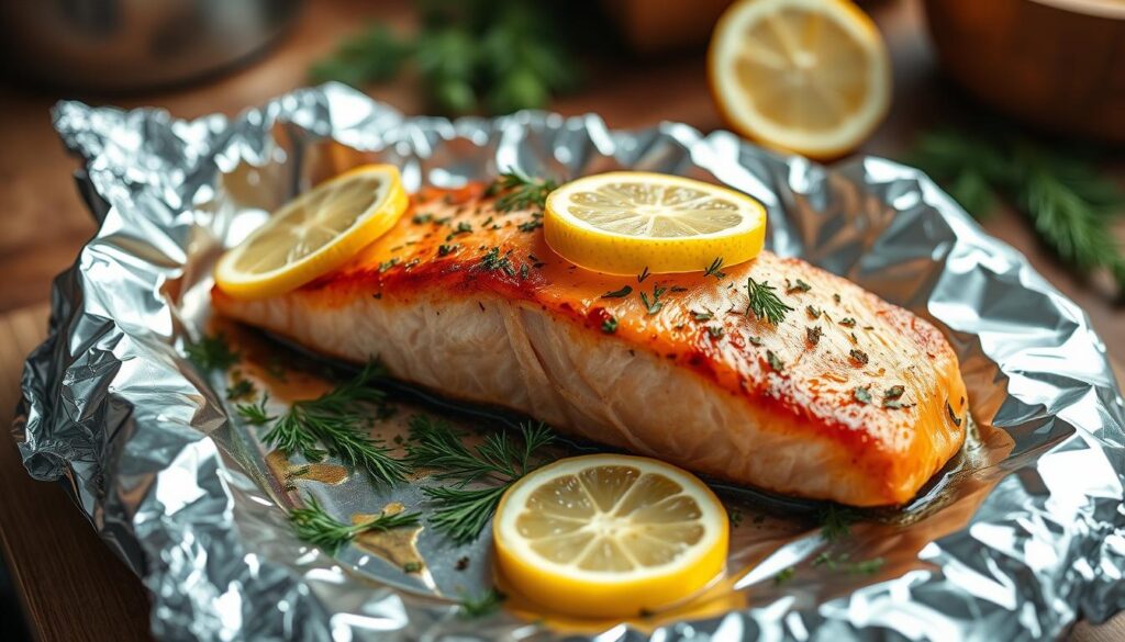 Classic baked salmon with lemon and herbs on foil packet