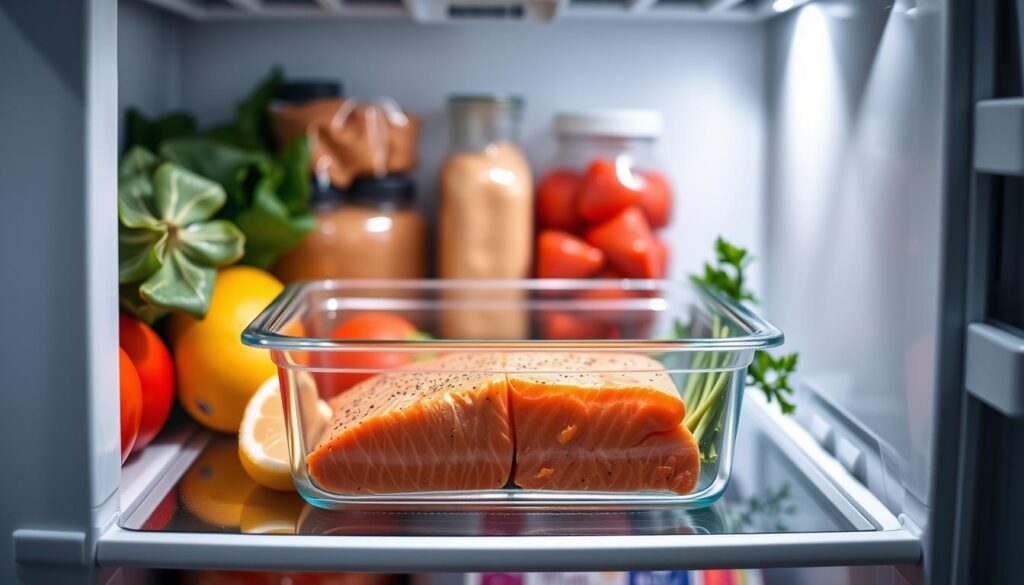 Cooked salmon storage in refrigerator airtight container