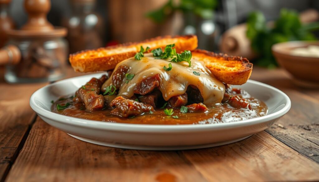 French onion braised beef with melted Gruyere cheese and toasted bread topping