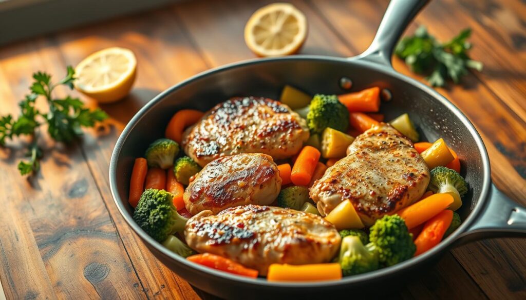 One-pan skillet with lemon butter chicken and vegetables