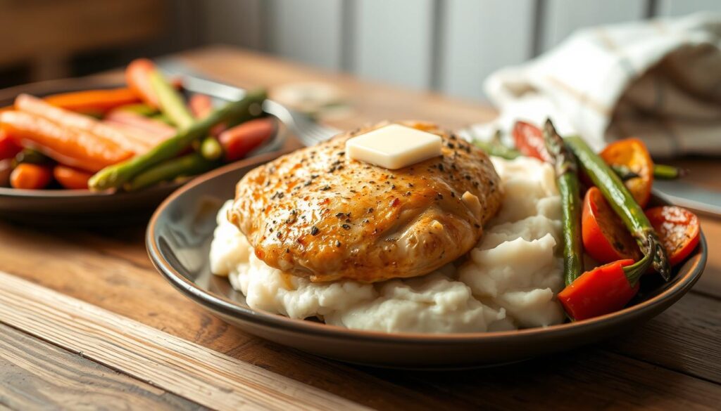 chicken dinner sides with creamy mashed potatoes and roasted vegetables