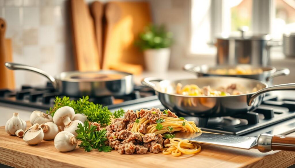 creamy beef pasta recipe mushroom sauce preparation