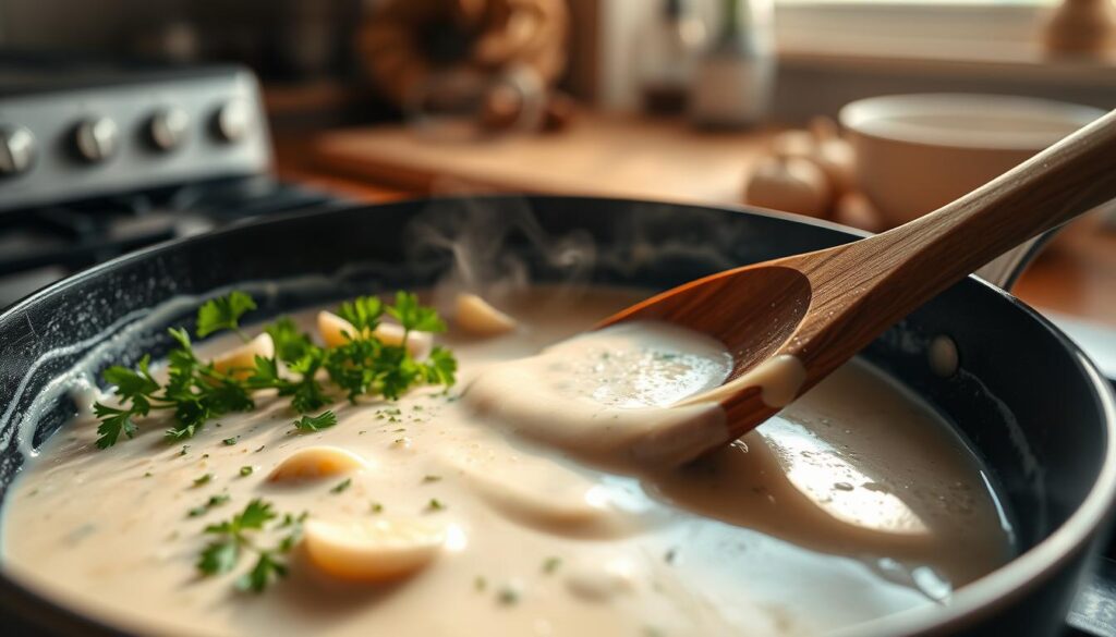 creamy garlic sauce preparation in pan