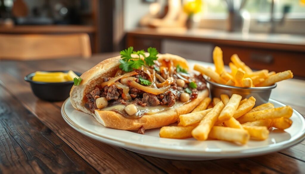 easy philly cheesesteak served with side dishes