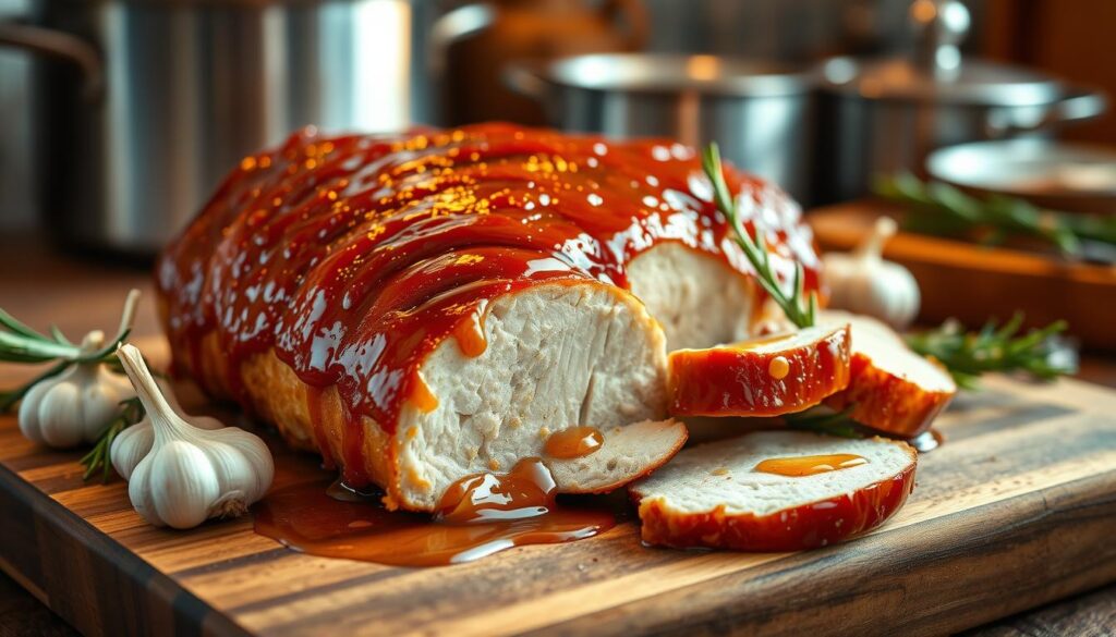 honey garlic glaze coating pork tenderloin