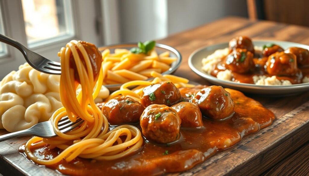 meatball serving suggestions with various pasta and starch options