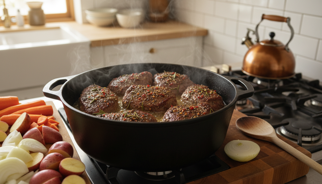 one pot beef stew searing beef in a large pot