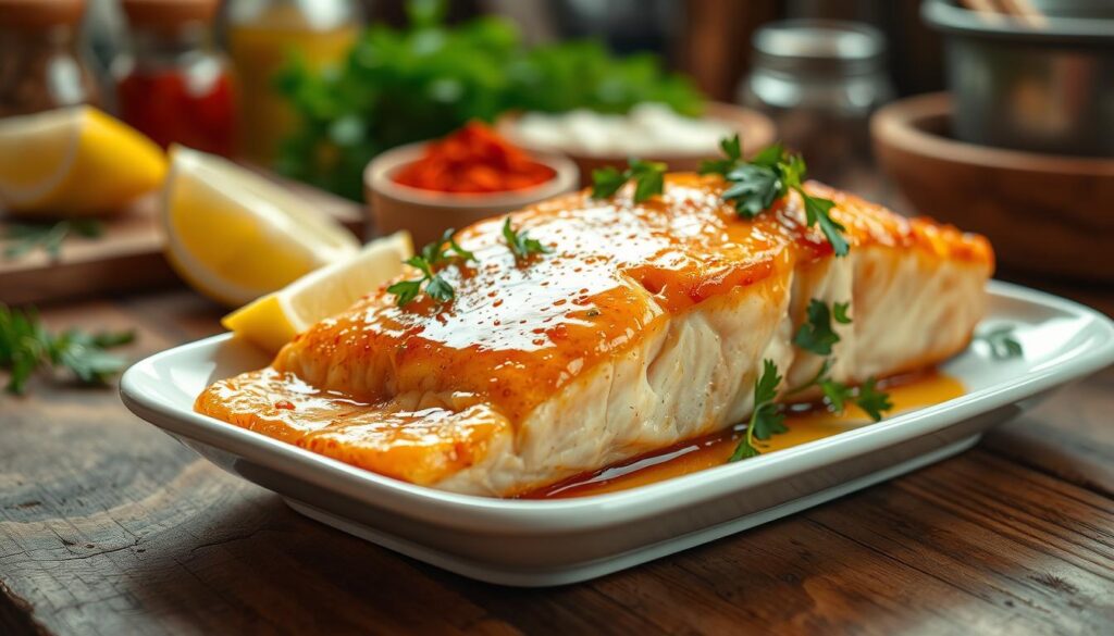 perfectly cooked oven baked salmon with golden glaze