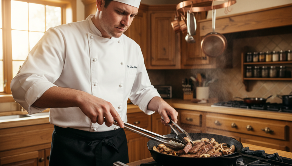professional cooking technique for searing beef stroganoff