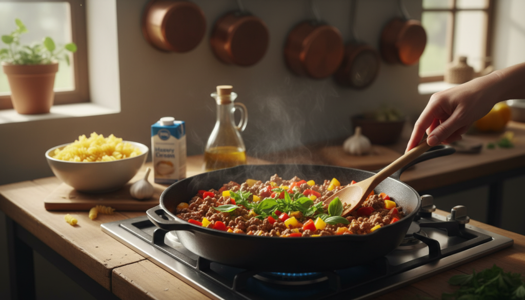 quick beef pasta skillet cooking technique