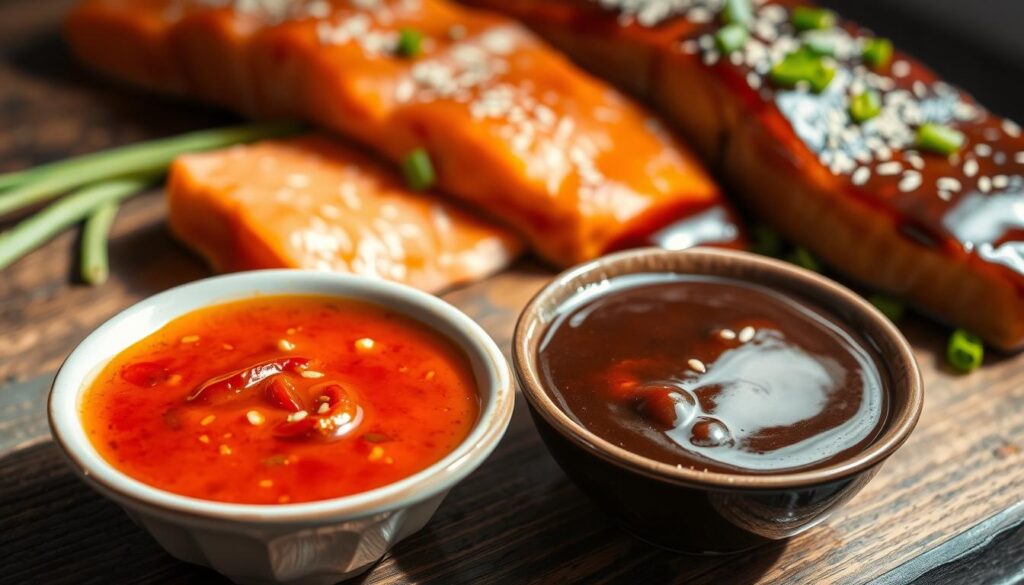 spicy garlic sauce and teriyaki glaze for salmon bowls
