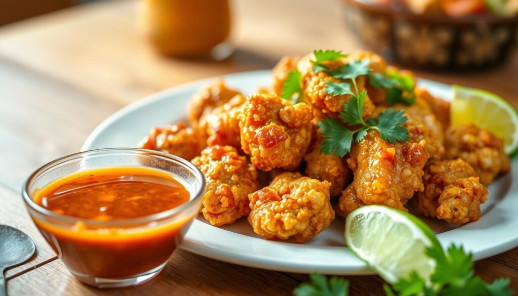 sweet chilli sauce and finishing touches for crispy chicken dinner